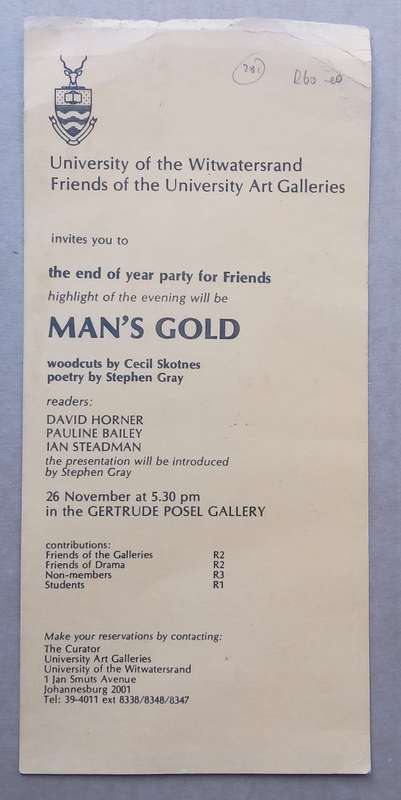 Mans Gold: Woodcuts by Cecil Skotnes & Poetry by Stephen Gray (Invitation to the Exhibition)
