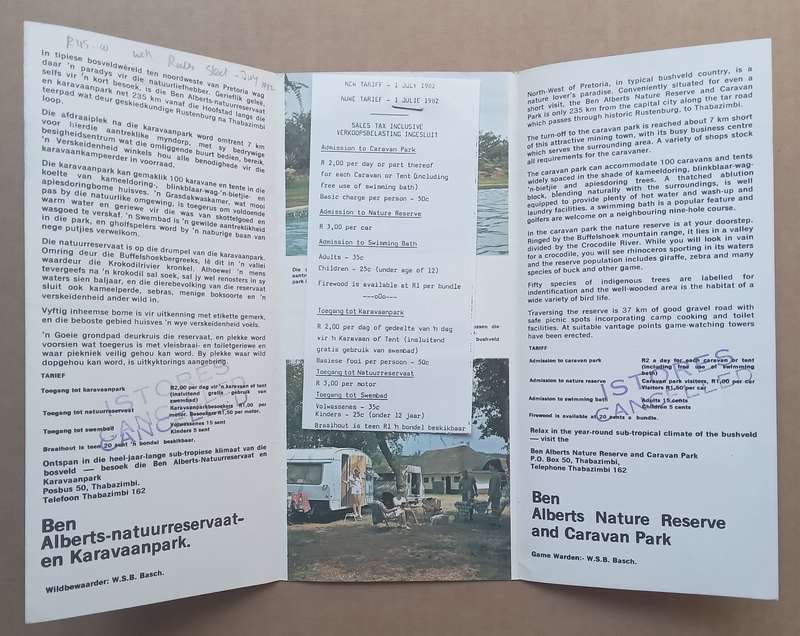 Ben Alberts Nature Reserve and Caravan Park (English/Afrikaans, Pamphlet, with Rates Sheet for 1982)