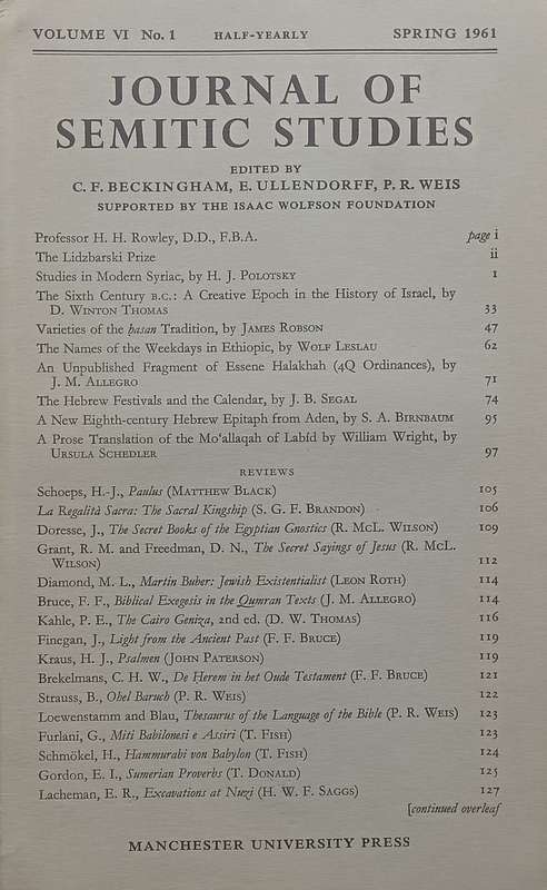 Journal of Semitic Studies (Vol. 6, No. 1, Spring 1961)