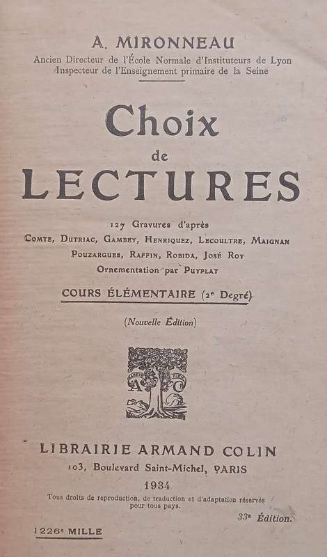 Choix de Lectures: Course Elementaire 2me Degre (French, Published 1934) | A. Mironneau