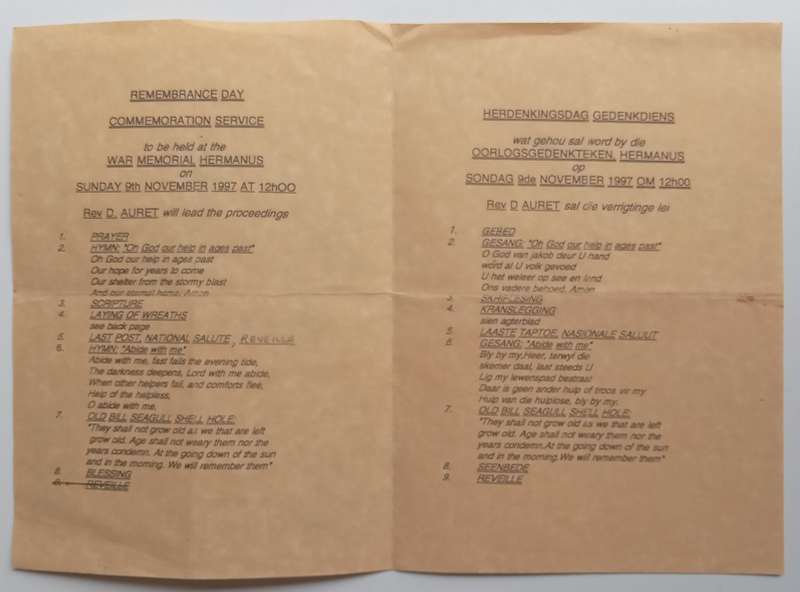 Remembrance Day Parade, 9 November 1997, Hermanus (Commemoration Service Programme)