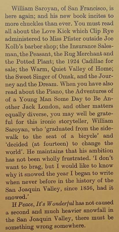 Peace, It's Wonderful (First Edition, 1940) | William Saroyan