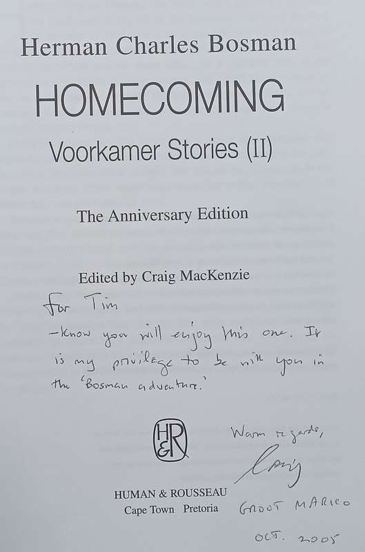 Homecoming: Voorkamer Stories II (Inscribed by Editor in the Groot Marico) | Herman Charles Bosman