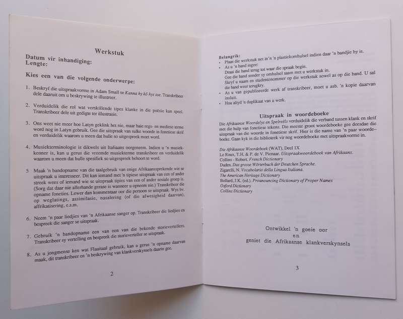 Studiehandleiding Afrikaans 1A: Klankleer, RAU (Afrikaans)