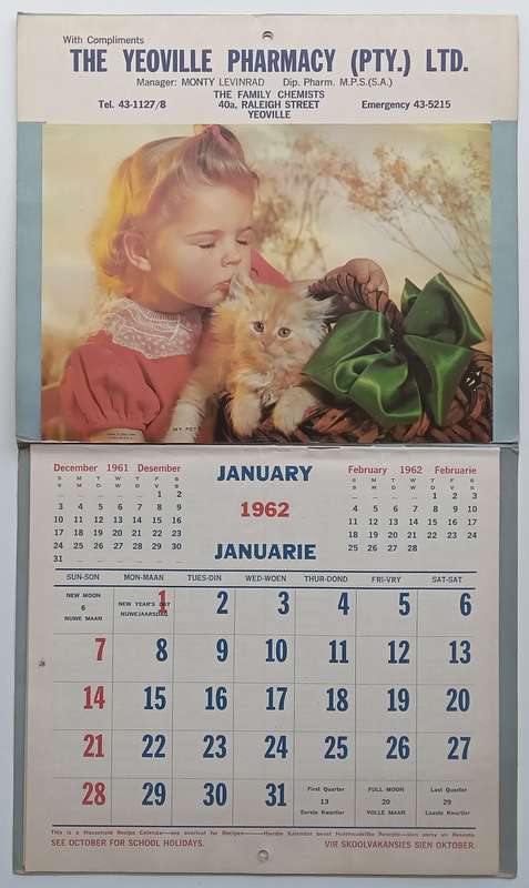 The Yeoville Pharmacy 1962 Calender (With Recipes and First Aid Hints and Useful Tips)