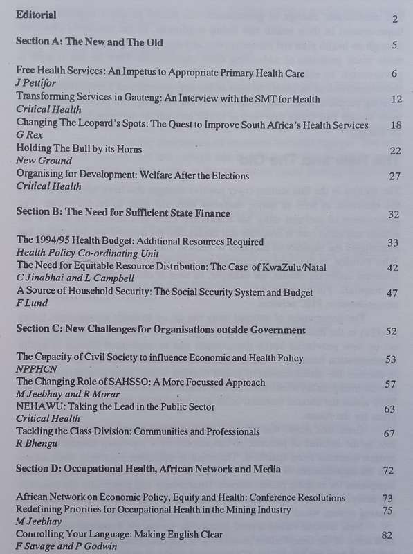Critical Health, The New South Africa  Now for Delivery (January 1995, No. 47)