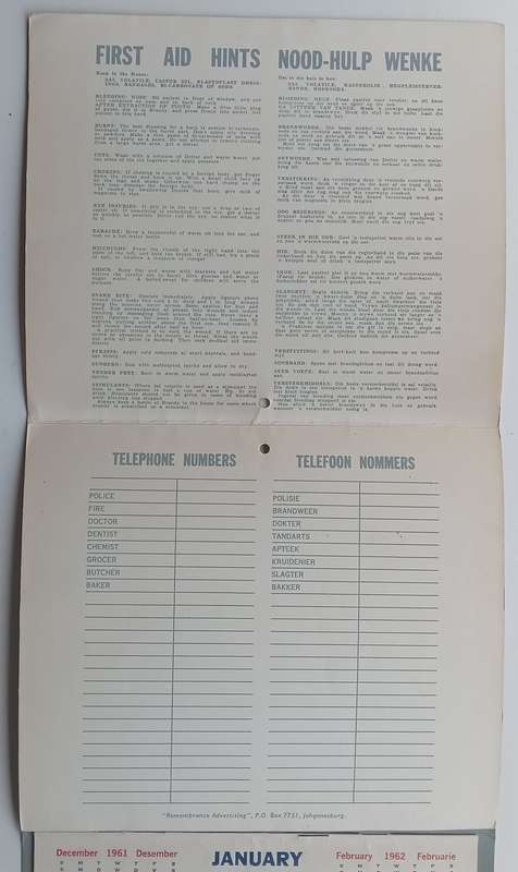 The Yeoville Pharmacy 1962 Calender (With Recipes and First Aid Hints and Useful Tips)