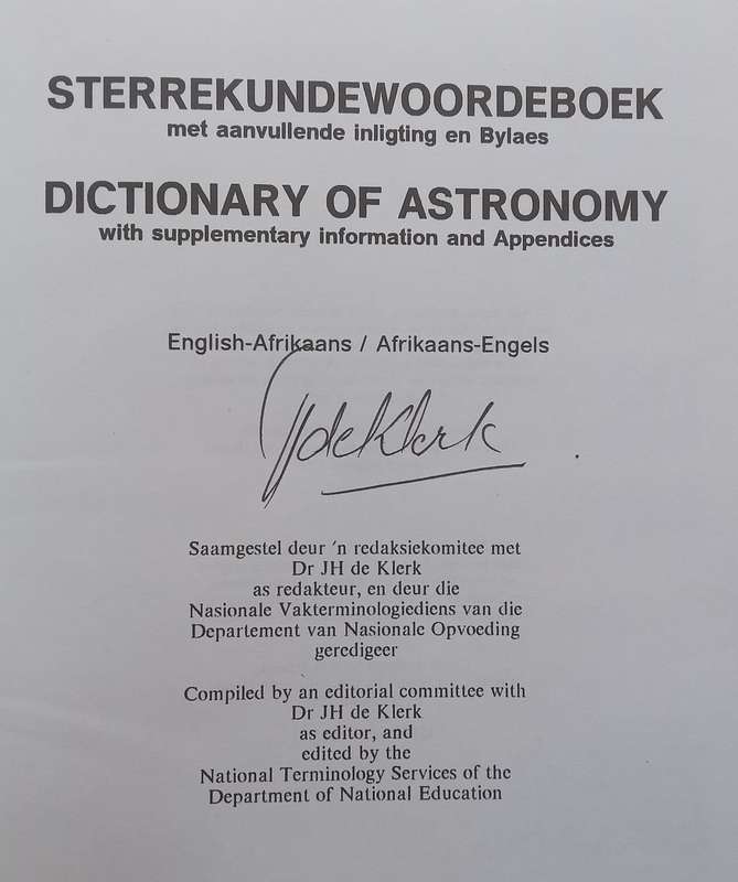 Dictionary of Astronomy (Signed by Editor, Afrikaans/English, English/Afrikaans) | J. H. de Klerk