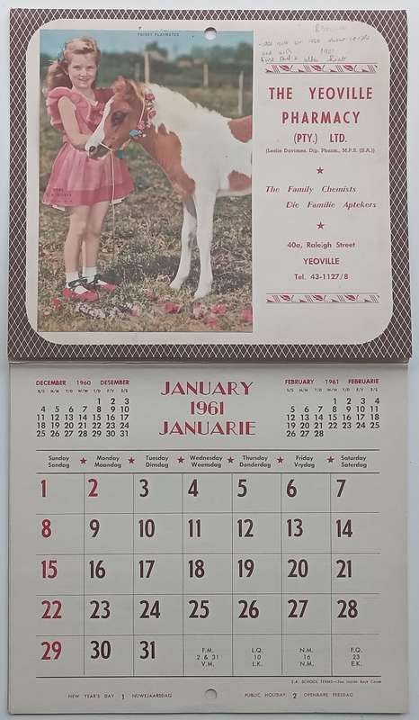 The Yeoville Pharmacy 1961 Calender (With Recipes and First Aid Hints and Useful Tips)