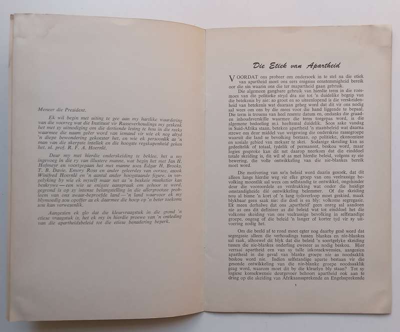 Die Etiek van Apartheid (Dertiende Hoernle-Gedenklesing 1957, Afrikaans) | B. B. Keet