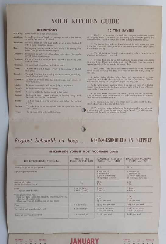 The Yeoville Pharmacy 1960 Calender (With Recipes and First Aid Hints and Useful Tips)