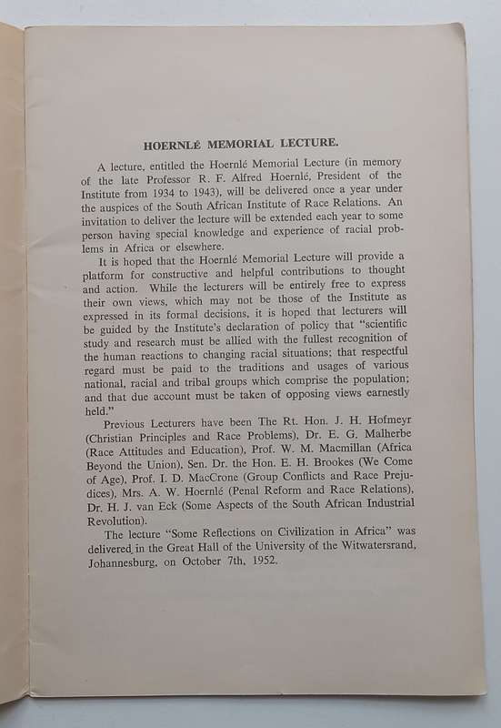 Some Reflections on Civilization in Africa (Hoernle Memorial Lecture 1952) | S. Herbert Frankel