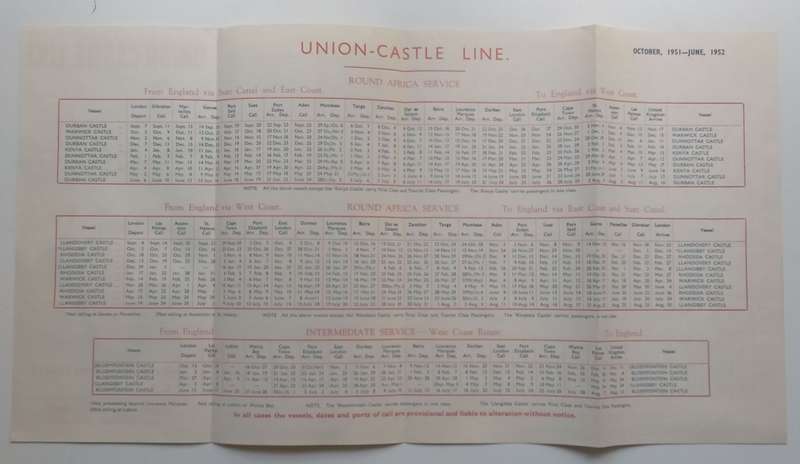 Union-Castle Line Provisional Timetables (October 1951)