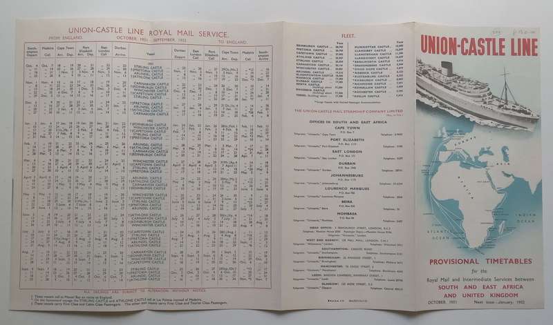 Union-Castle Line Provisional Timetables (October 1951)