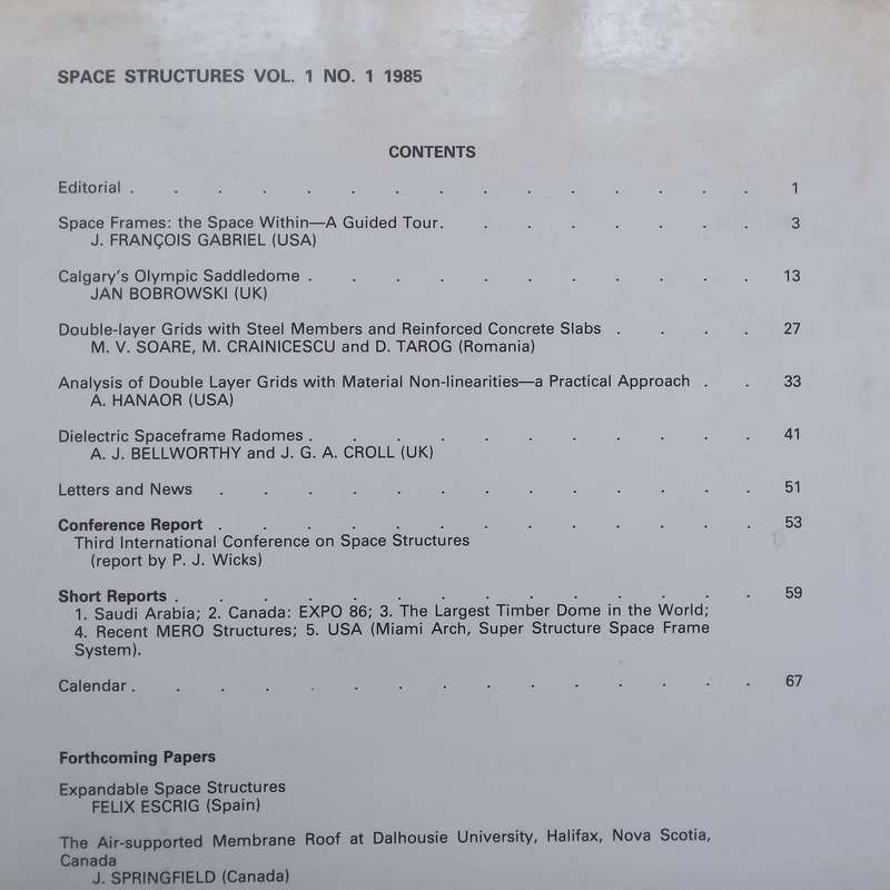 Space Structures: An International Journal (Vol. 1, No. 1, 1985)