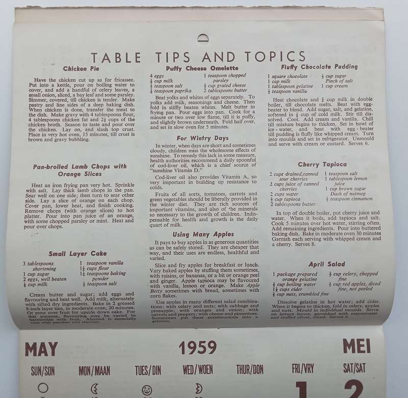 The Yeoville Pharmacy 1959 Calender (With Recipes and First Aid Hints and Useful Tips)