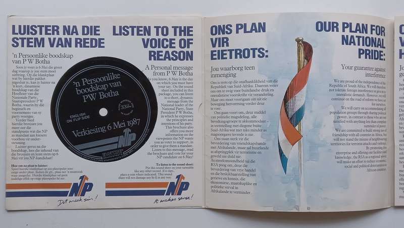 National Party 1987 Election Leaflet, with Small LP Record of Speech by P. W. Botha
