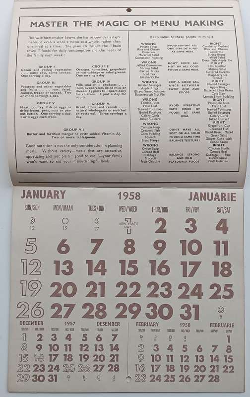 The Yeoville Pharmacy 1958 Calender (With Recipes and First Aid Hints and Useful Tips)