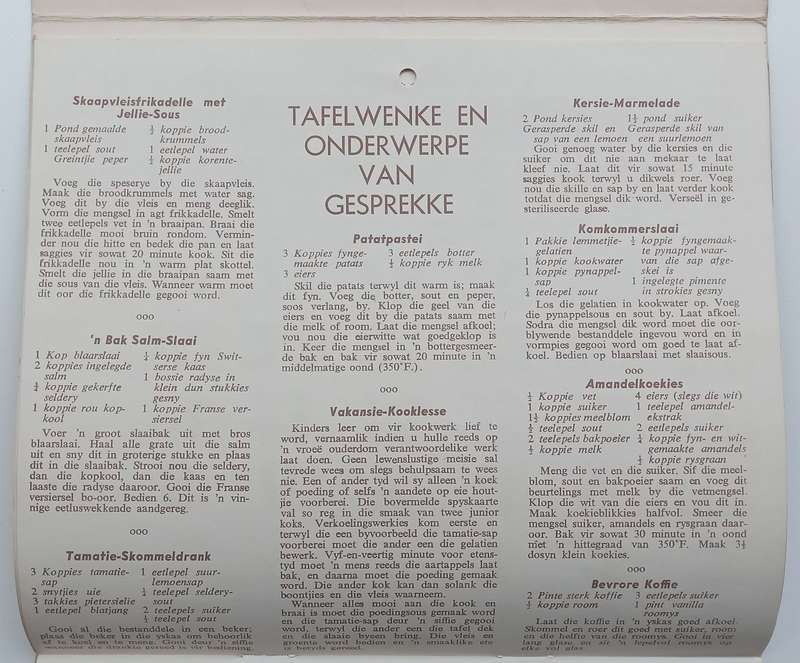 The Yeoville Pharmacy 1958 Calender (With Recipes and First Aid Hints and Useful Tips)