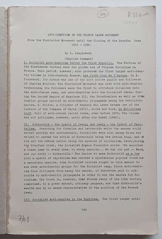 Anti-Semitism in the French Labor Movement, 1845-1906 (Yiddish Text with English Summary) | Z. Sz...