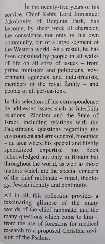 Dear Chief Rabbi: From the Correspondence of Chief Rabbi Immanuel Jakobovits on Matters of Jewish...