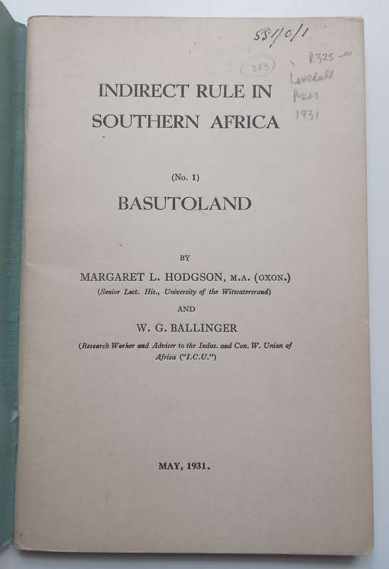 Indirect Rule in Southern Africa (Lovedale Press, Published 1931) | Margaret L. Hodgson & W. G. B...