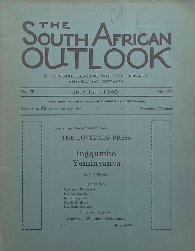 The South African Outlook (Vol. 70, No. 831, July 1940)