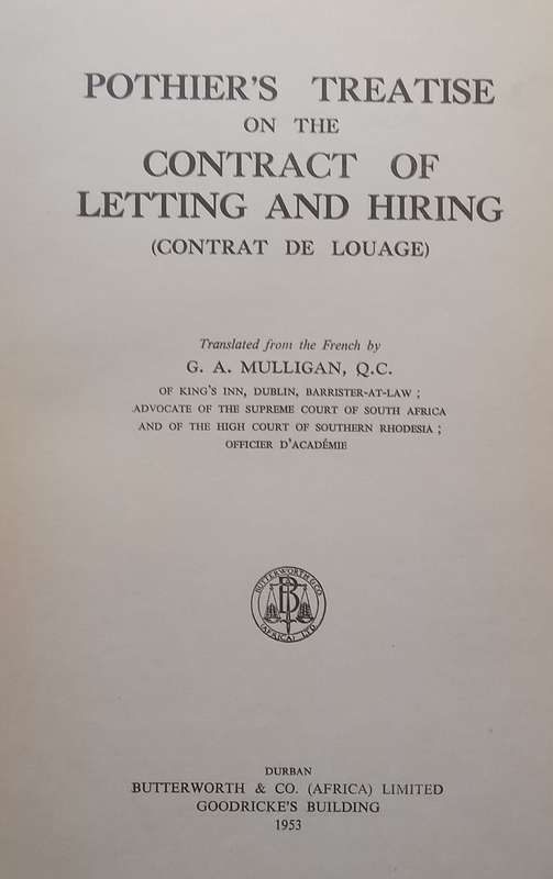 Pothiers Treatise on the Contract of Letting and Hiring (Inscribed by Translator) | G. A. Mull...