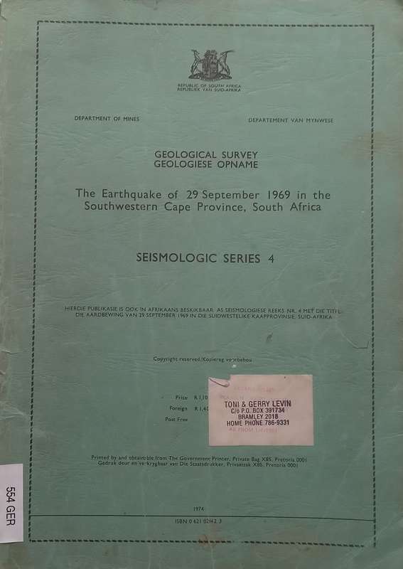 The Earthquake of 29 September 1969 in the Southwestern Cape Province, South Africa