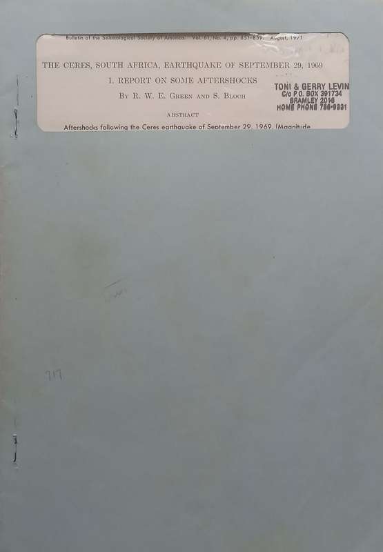 The Ceres, South Africa, Earthquake of September 29, 1969: Report on Some Aftershocks (Copy of Ge...