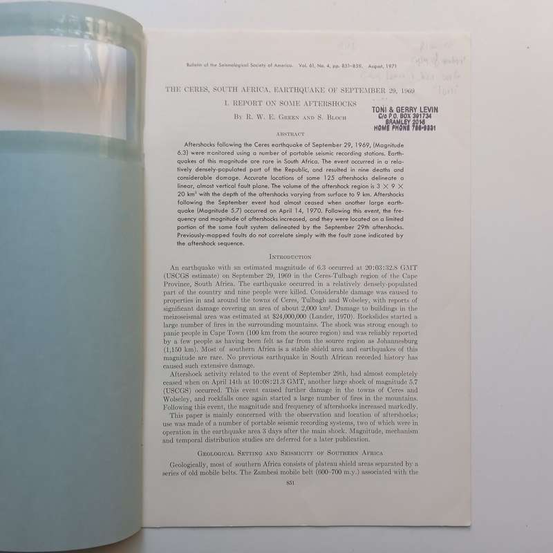 The Ceres, South Africa, Earthquake of September 29, 1969: Report on Some Aftershocks (Copy of Ge...