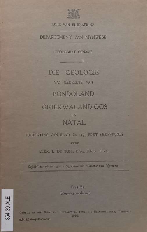 Die Geologie van Gedeelte van Pondoland, Griekwaland-Oos en Natal (Afrikaans) | Alex L. du Toit