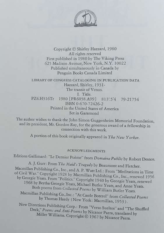 The Transit of Venus: A Novel (First Edition, 1980) | Shirley Hazzard