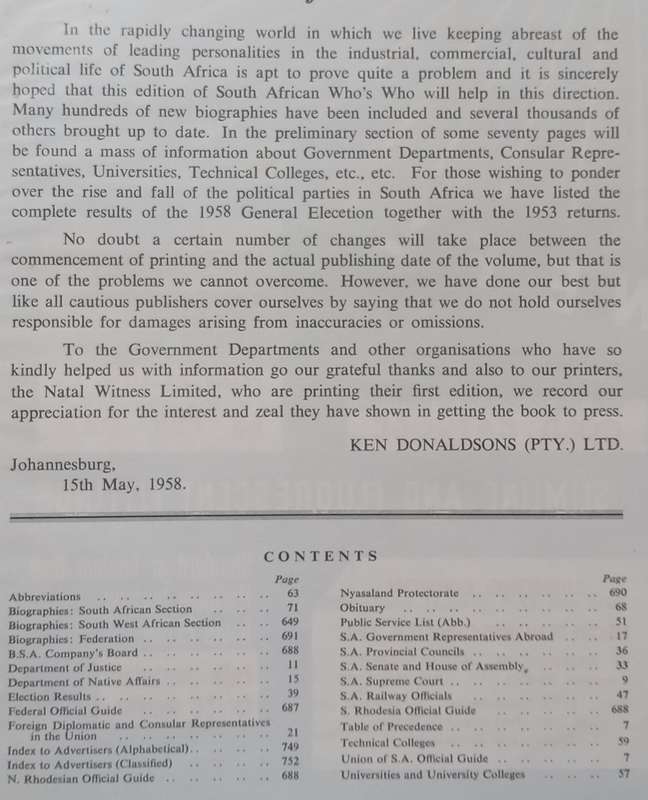 South African Whos Who, 1958