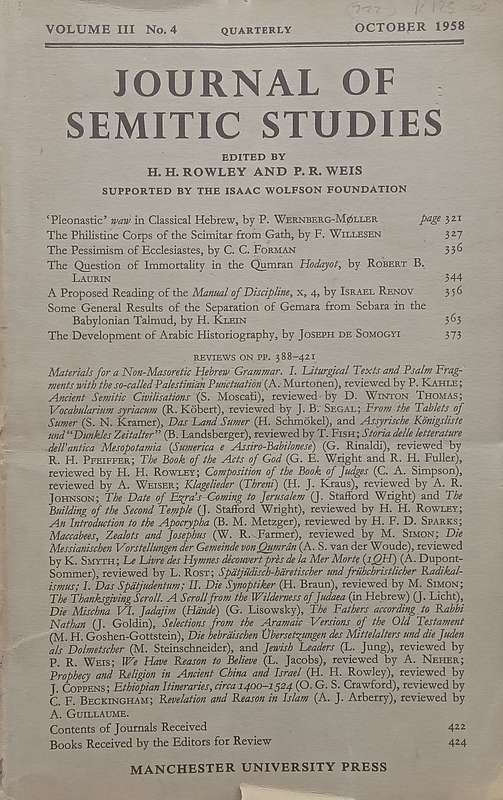 Journal of Semitic Studies (Vol. 3, No. 4, October 1958)