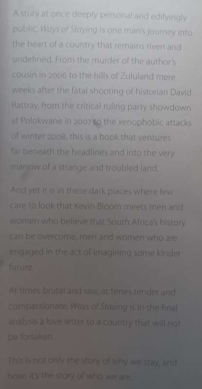 Ways of Staying (Inscribed by Author to fellow SA author Rian Malan) | Kevin Bloom