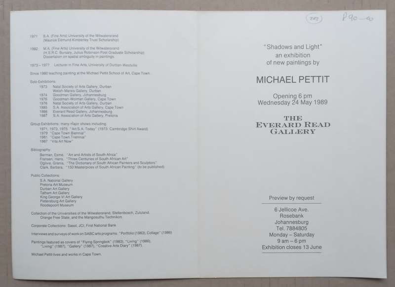 Michael Pettit: Shadows and Light (Invitation to the Exhibition)