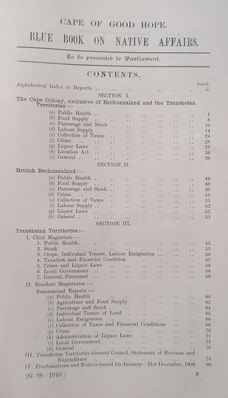 Cape of Good Hope Blue Book on Native Affairs 1909