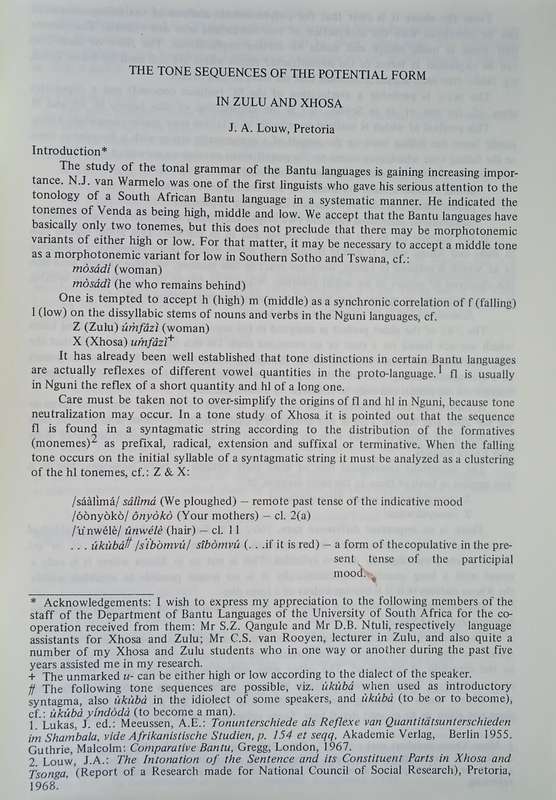 The Tone Sequences of the Potential Form in Zulu and Xhosa. (Ethnological and Linguistic Studies ...
