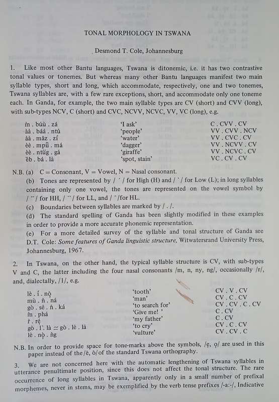Tonal Morphology in Tswana. (Ethnological and Linguistic Studies in Honour of N.J. Van Warmelo. E...