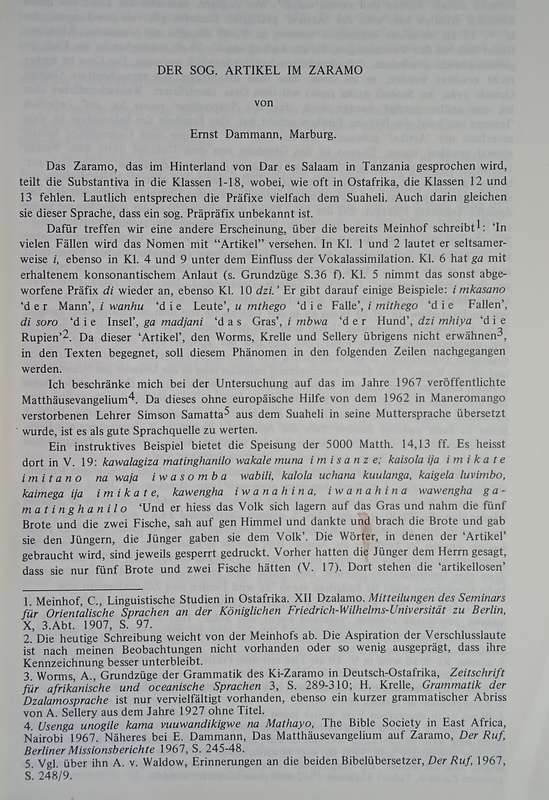 Der Sog. Artikel Im Zaramo. (Ethnological and Linguistic Studies in Honour of N.J. Van Warmelo. E...