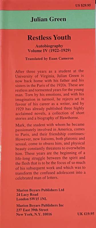 Julian Green: Restless Youth. Autobiography Volume IV (1922-1929) | Julian Green