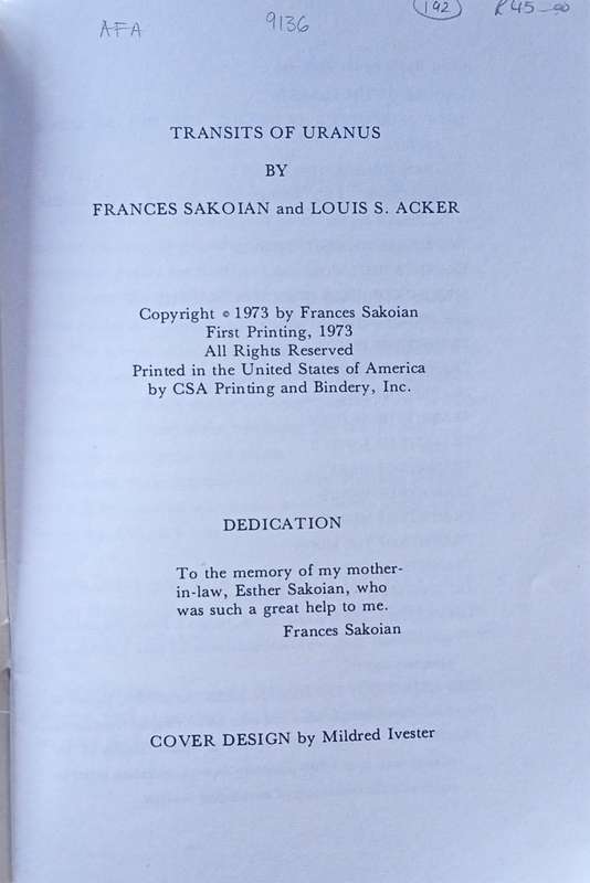 Transits of Uranus | Frances Sakoian and Louis Acker