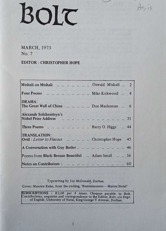 Bolt, March 1973. No. 7 | Christopher Hope (ed.)