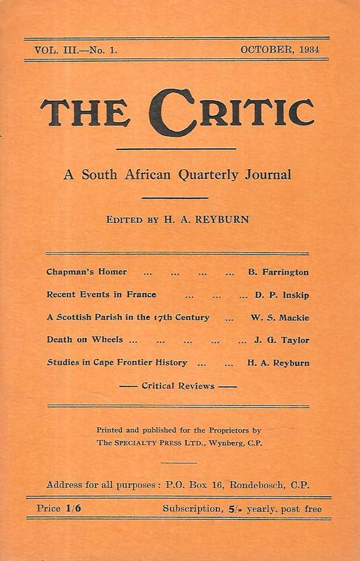 The Critic: A South African Quarterly Journal (Vol. 3, No. 1, October 1934)