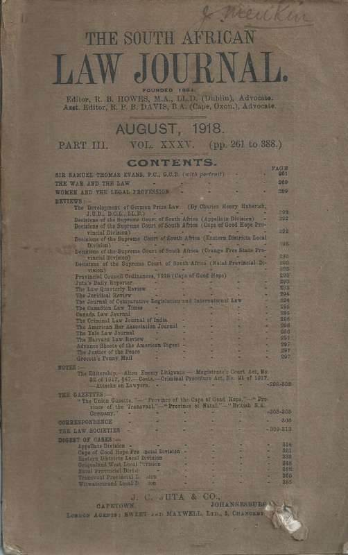 The South African Law Journal Part III, Vol. XXXV, August 1918)