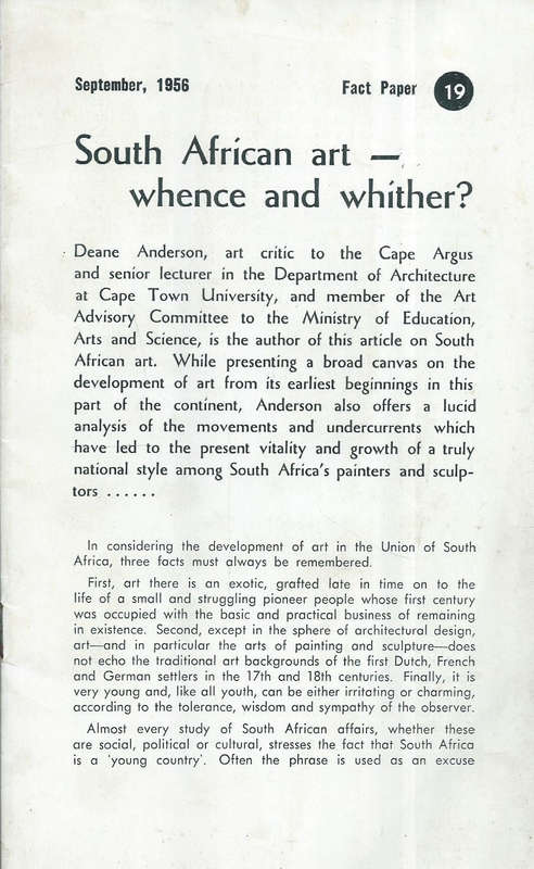 South Africa Art: Whence and Whither? | Deane Anderson