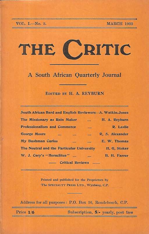 The Critic: A South African Quarterly Journal (Vol. 1, No. 3, March 1933)