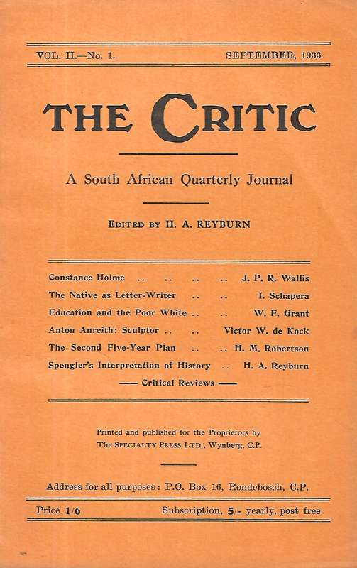 The Critic: A South African Quarterly Journal (Vol. 2, No. 1, September, 1933)