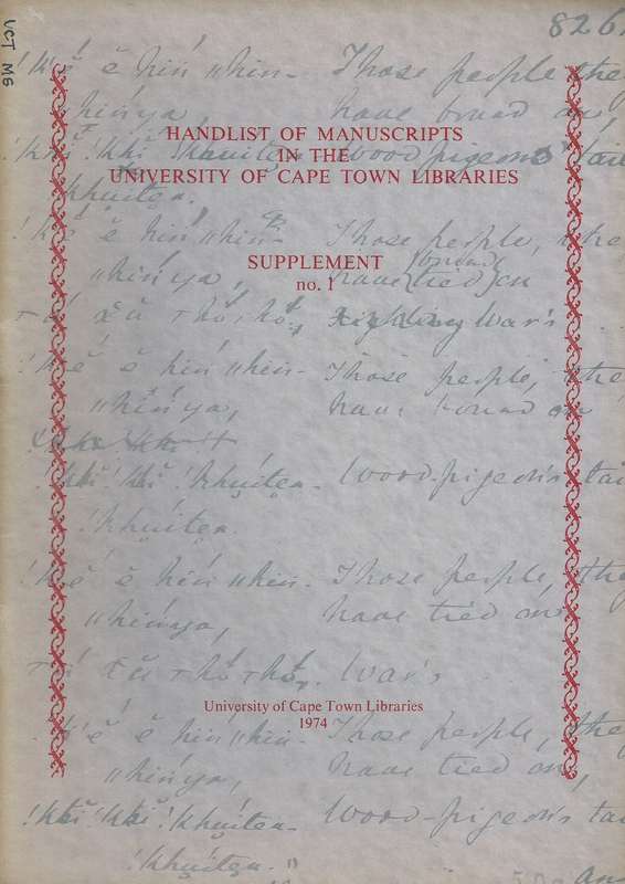 Handlist of Manuscripts in the University of Cape Town Libraries, Supplement No. 1 | D. J. Robbins